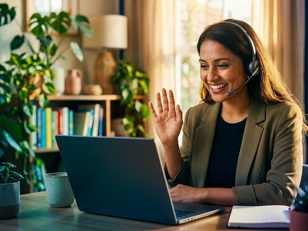 Smiling compliance consultant waving on a video call to start a free consultation