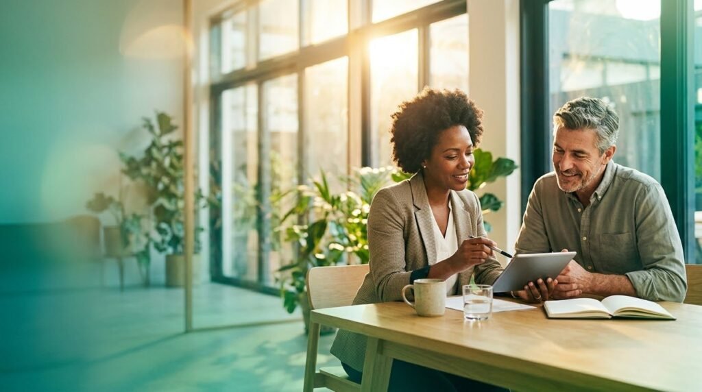 Compliance consultant reviewing a compliance plan on a tablet with a home care agency owner