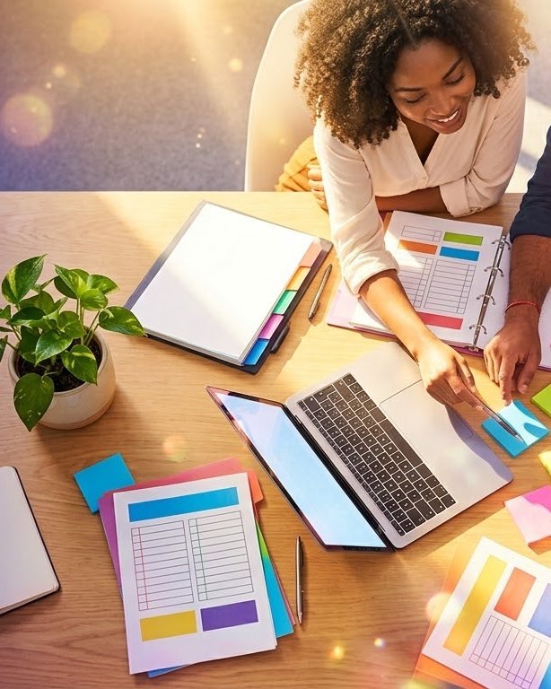 Desk with a laptop, colourful compliance checklists, a policy binder and sticky notes