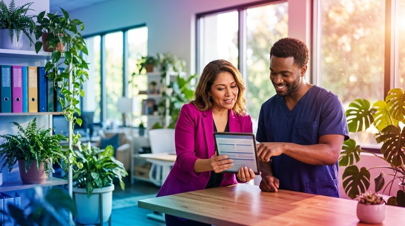 Home care agency owner and nurse reviewing a licence application on a tablet in a bright, plant-filled office