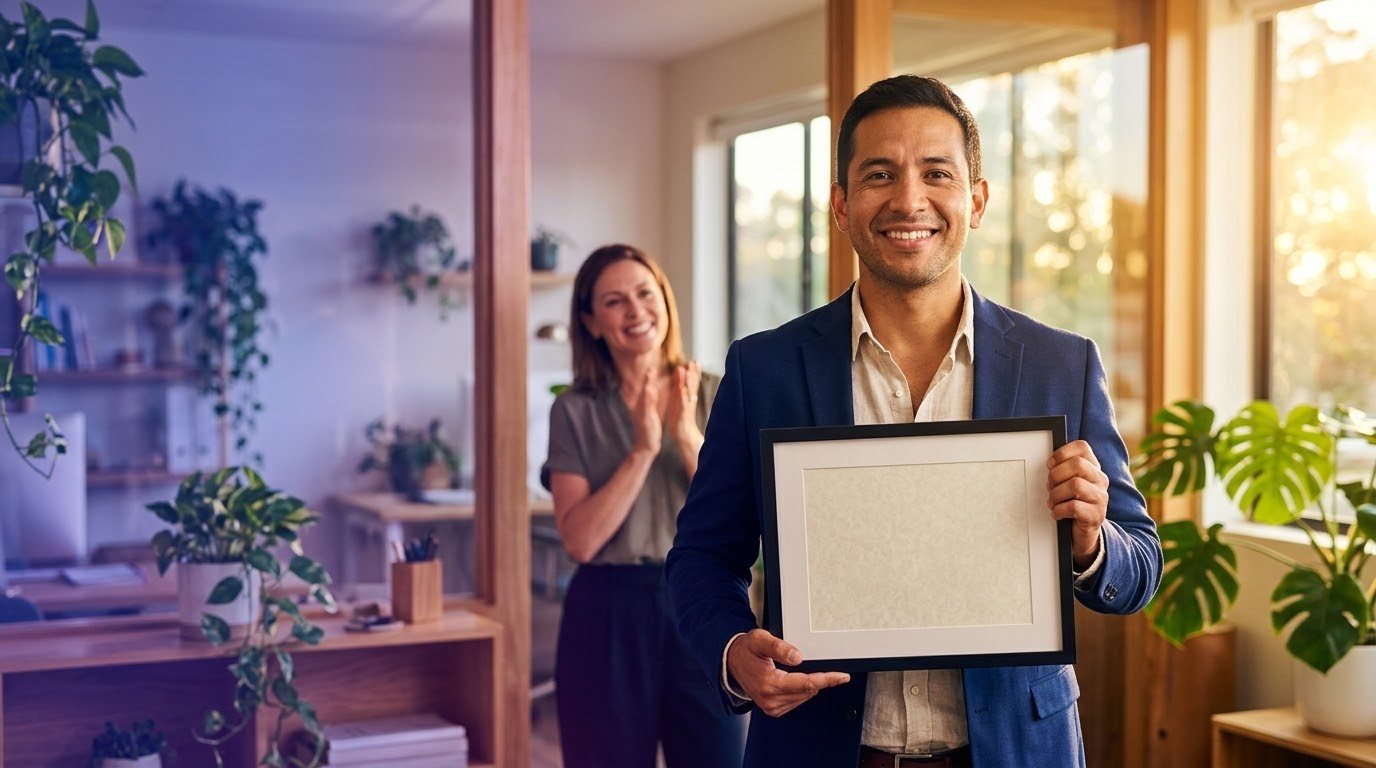 Proud new home care agency owner holding a framed licence while a colleague applauds