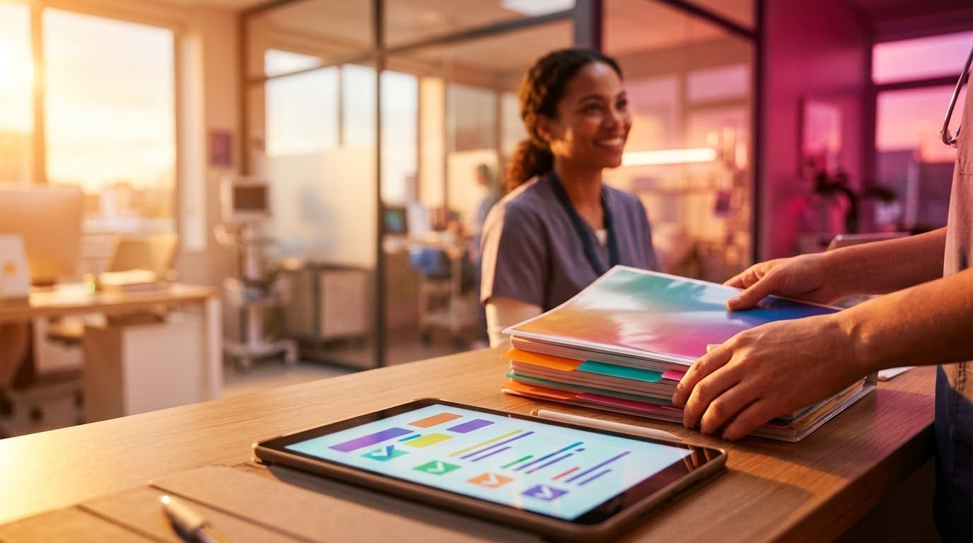 Tabbed policies and procedures manual placed on a desk beside a tablet checklist, with a nurse in the background