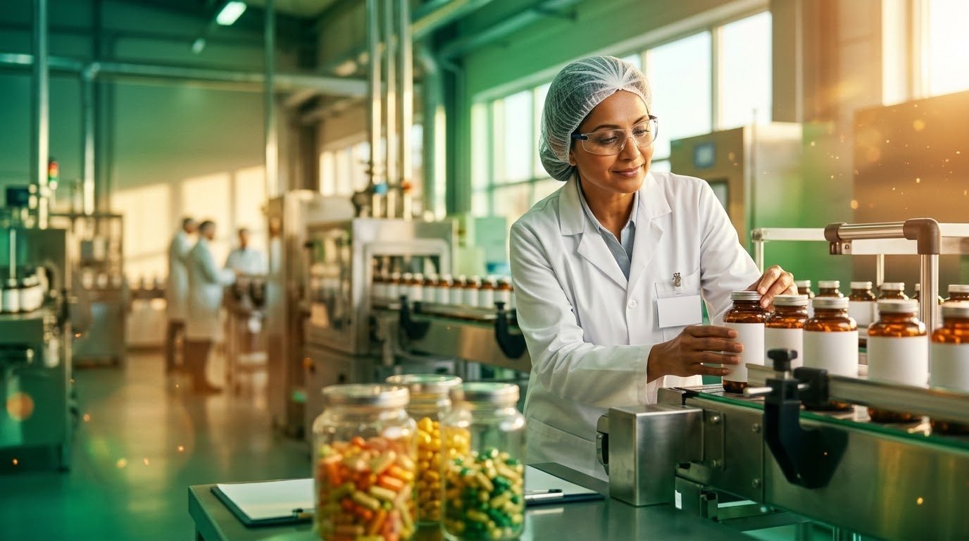 Quality manager inspecting supplement bottles on a bright production line