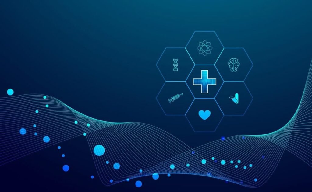 Abstract medical icons on a blue background
