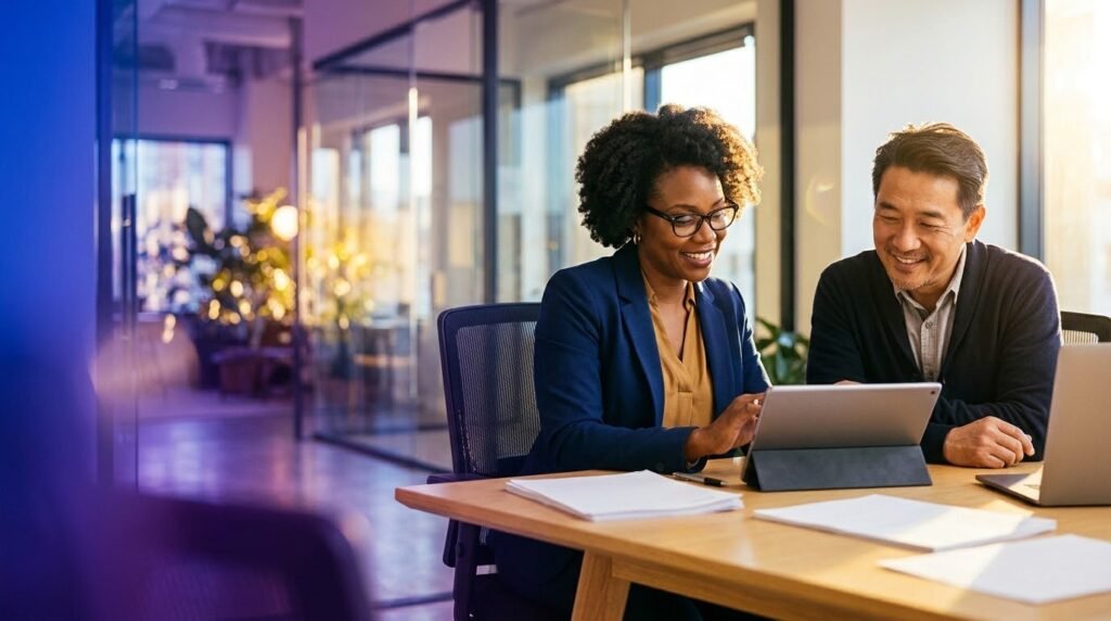 Home care licensing checklist review: a licensing specialist and a client go through a license application checklist on a tablet