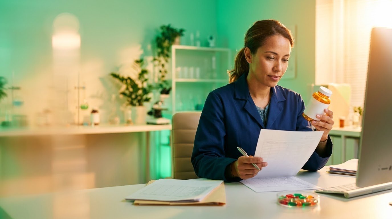 Regulatory specialist checking a supplement bottle against compliance paperwork