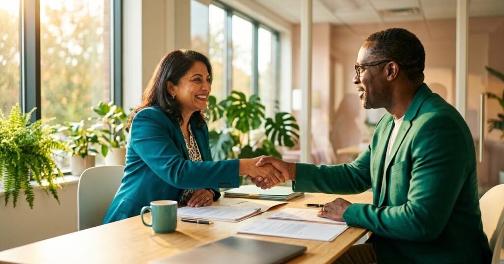 Home care agency owner shaking hands with a compliance consultant across a desk of neatly laid-out documents