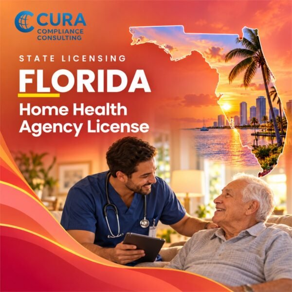 Florida home health agency license (AHCA) support: home health nurse with an older patient and a tablet