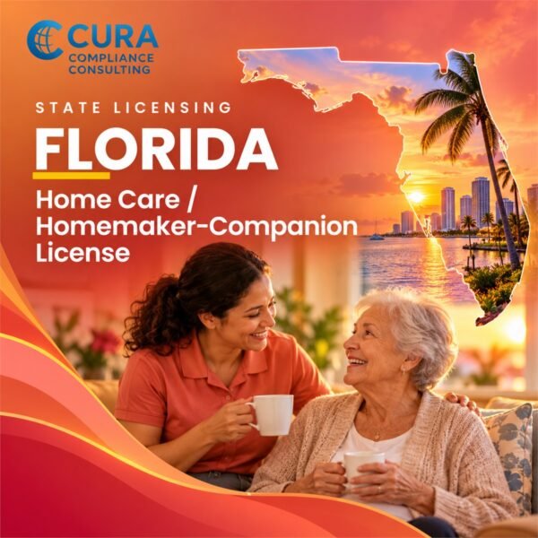 Florida homemaker companion license support: companion caregiver sharing coffee with a senior woman