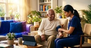 Home health nurse checking an elderly man's blood pressure in his living room