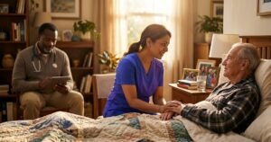 Hospice nurse holding the hand of an elderly patient resting at home while a physician reviews notes on a tablet