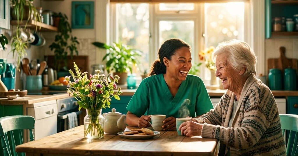 Caregiver and elderly woman laughing over cups of tea at a sunlit kitchen table during a private-pay home care visit
