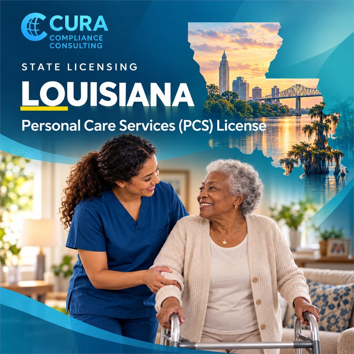 Louisiana home care license for personal care services: caregiver helping a senior woman with a walker