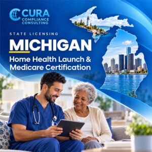 Michigan home health agency launch and Medicare certification: nurse reviewing a tablet with a senior woman