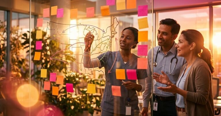Healthcare team mapping a multi-state licensing plan on a glass wall with a US map and sticky notes