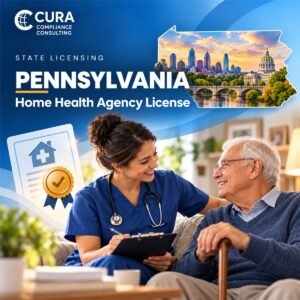 Pennsylvania home health agency license support: nurse with a clipboard visiting an older man