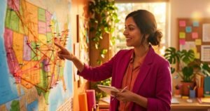New home care business owner pointing at a US map with coloured pins and route lines to compare state licensing rules