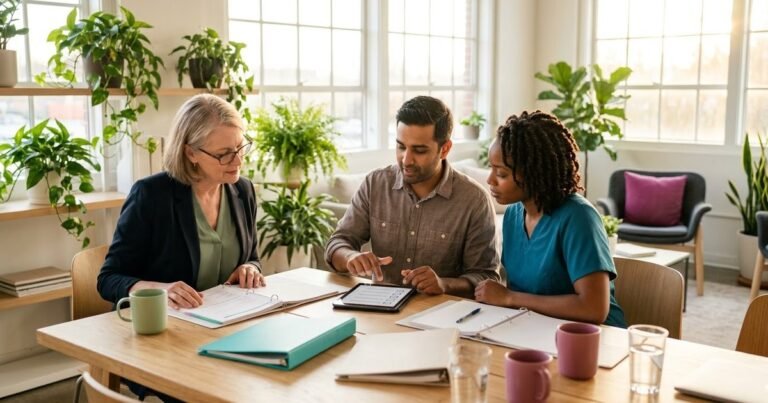 ACHC accreditation preparation: a home health team reviews policy binders and a survey checklist