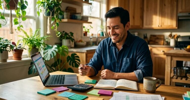 Smiling home care business founder planning a startup budget with a calculator, laptop and sticky notes at a sunlit kitchen table
