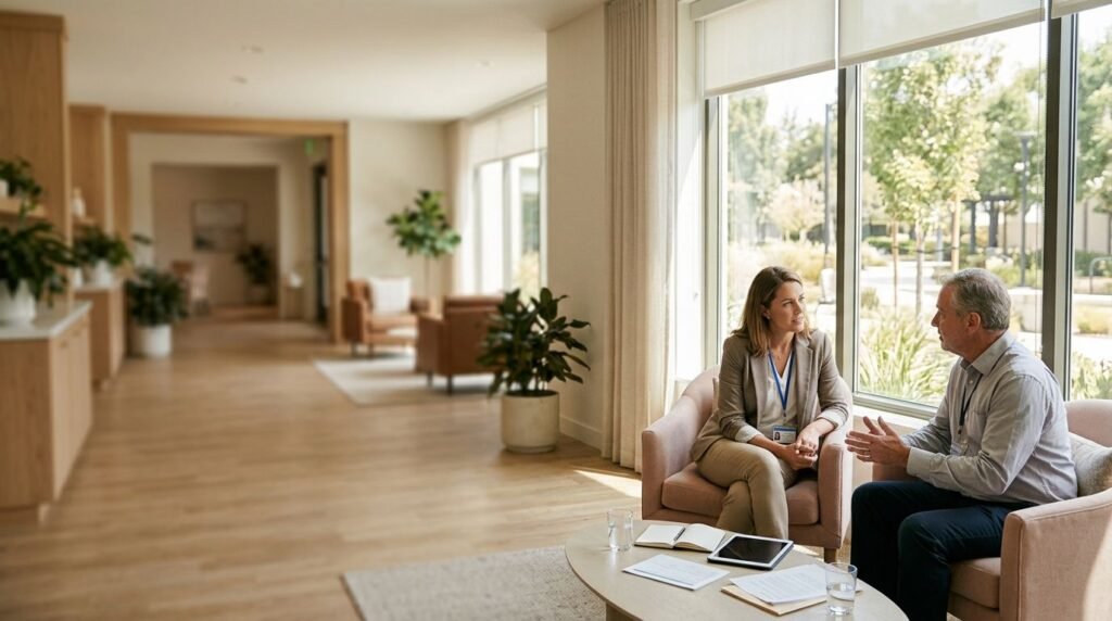 Consultant in a beige blazer meeting one to one with a healthcare business owner in a sunlit office lounge, notes and a tablet on the table