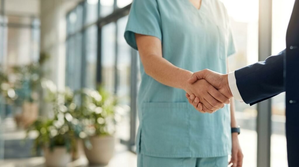 Nurse in teal scrubs shaking hands with a businessperson in a navy suit in a bright clinic hallway