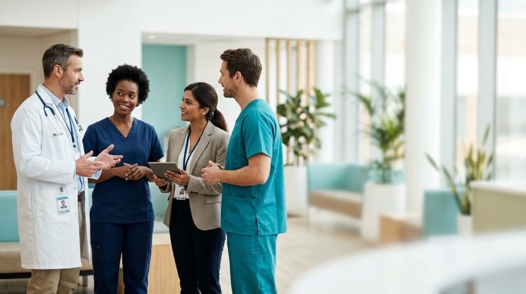 Physician in a white coat, two clinicians in scrubs and an administrator holding a tablet talking together in a bright clinic lobby