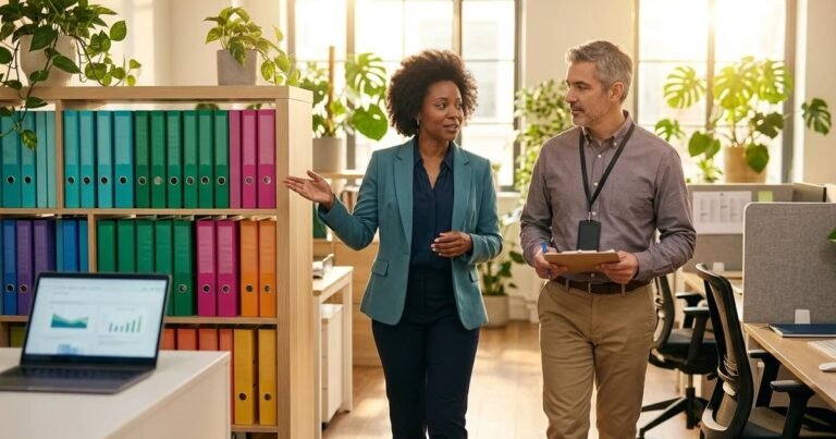 Home health agency director in a teal blazer walking an accreditation surveyor with a clipboard past color-coded policy binders