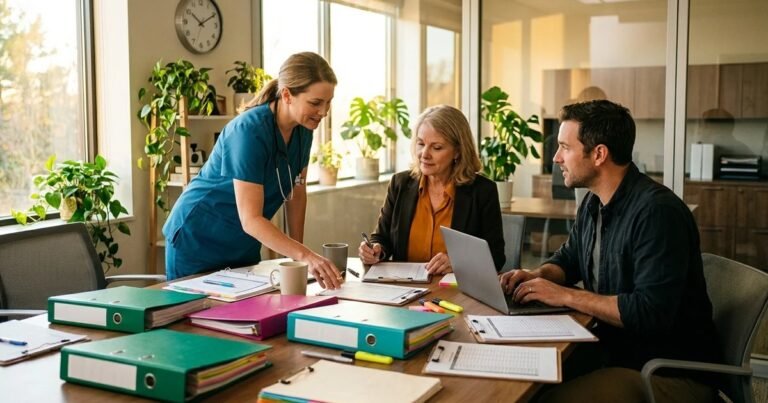 Home health team of three preparing for an accreditation survey around a table of color-coded binders and a laptop, with a wall clock behind