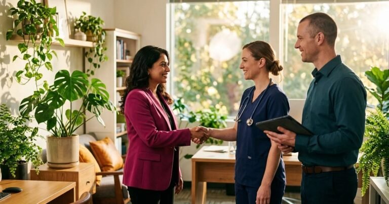 Home care agency owner in a magenta blazer shaking hands with a newly hired registered nurse while an administrator holds a tablet