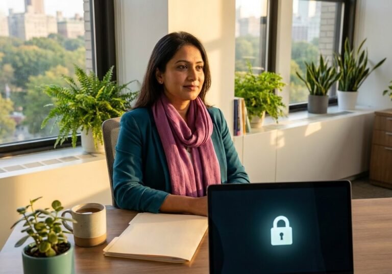 Cura Compliance Consulting privacy policy: a privacy officer protecting client information on a secured laptop