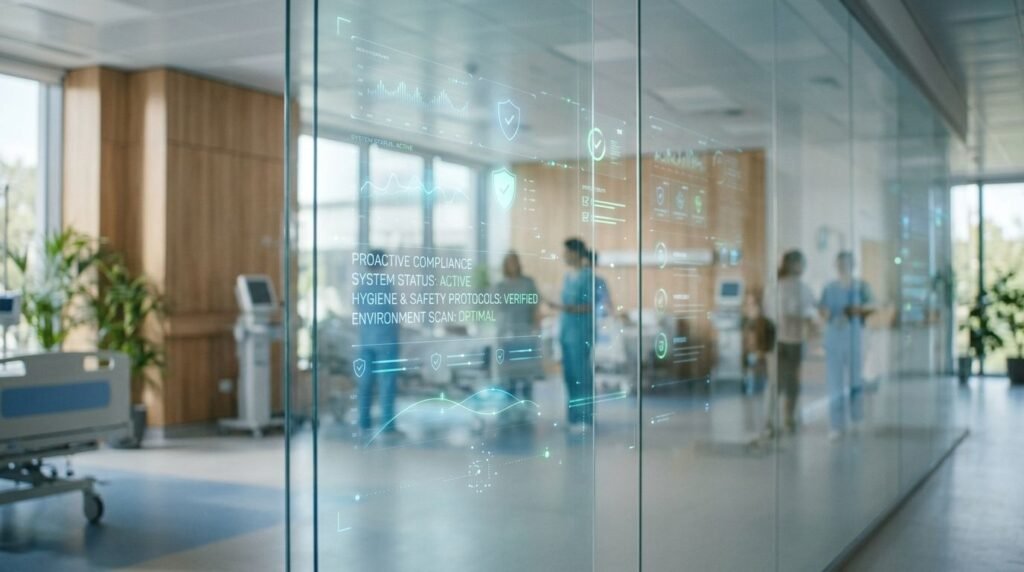 Glass wall in a hospital ward showing a proactive compliance display with hygiene and safety protocols marked verified, staff blurred behind