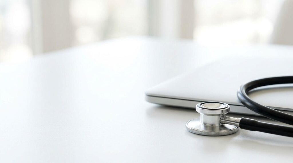 Stethoscope resting beside a closed silver laptop on a clean white desk in a bright medical office