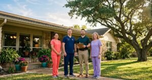 Home care team of four in coral, navy and lavender scrubs smiling in front of a Texas ranch-style house with a live oak tree