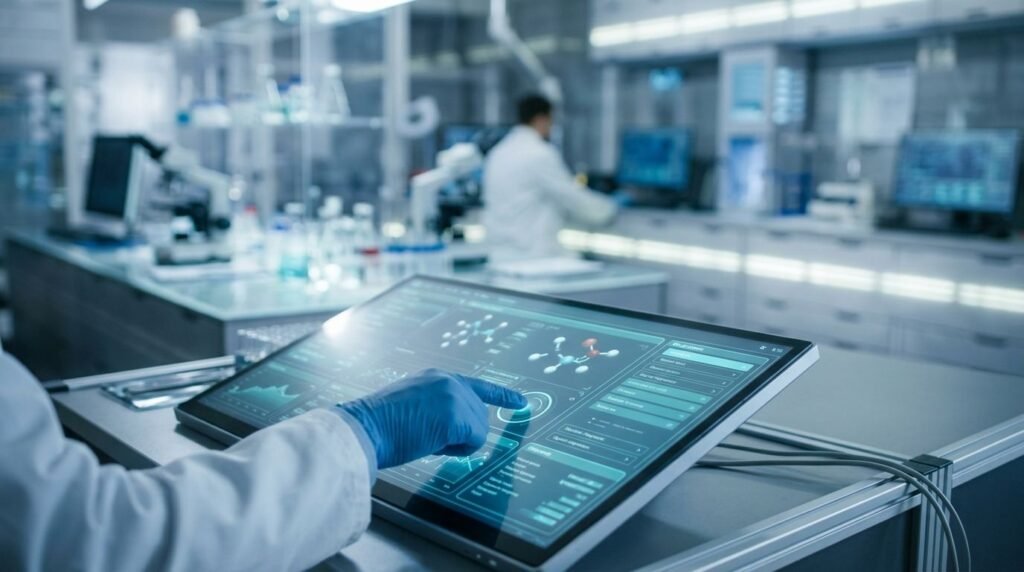 Gloved hand tapping a touchscreen data dashboard in a modern medical laboratory, with a scientist working in the background